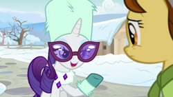 Size: 1280x720 | Tagged: safe, screencap, oak nut, rarity, pony, unicorn, best gift ever, snow, tree