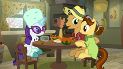 Size: 1280x720 | Tagged: safe, screencap, oak nut, rarity, pony, unicorn, best gift ever, broom, butternut, chair, cup, kitchen, table, teacup, teapot