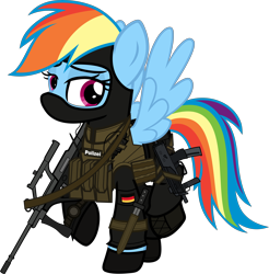 Size: 6000x6091 | Tagged: safe, artist:n0kkun, derpibooru import, part of a set, rainbow dash, pegasus, pony, armor, assault rifle, balaclava, belt, boots, clothes, female, flag, german, germany, gloves, gsg9, gun, knife, mare, mp7, pants, police, pouch, radio, raised hoof, raised leg, rifle, shoes, simple background, solo, steyr aug, submachinegun, transparent background, watch, weapon, wristwatch