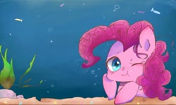 Size: 512x308 | Tagged: safe, artist:naginiko, pinkie pie, earth pony, fish, pony, cute, diapinkes, heart eyes, looking at you, ocean, one eye closed, solo, underwater, water, wingding eyes, wink