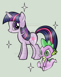 Size: 600x754 | Tagged: safe, artist:sailorusagichan, derpibooru import, spike, twilight sparkle, dragon, watermark