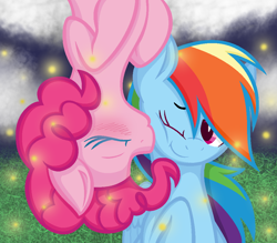 Size: 1000x876 | Tagged: safe, artist:silvercloud36, derpibooru import, pinkie pie, rainbow dash, earth pony, firefly (insect), insect, pegasus, pony, blushing, female, kissing, lesbian, pinkiedash, shipping