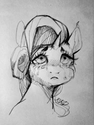 Size: 540x720 | Tagged: safe, artist:rrd-artist, rarity, pony, unicorn, bust, crying, female, mare, monochrome, sad, sketch, solo, traditional art