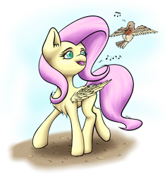 Size: 1024x1092 | Tagged: safe, artist:caerulanox, fluttershy, bird, pegasus, pony, music notes, open mouth, singing, solo