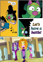 Size: 775x1115 | Tagged: safe, idw, adagio dazzle, aria blaze, cheerilee, cloverleaf, sonata dusk, equestria girls, rainbow rocks, spoiler:comic, meme, surprise entrance meme, the dazzlings