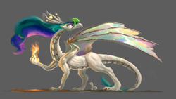 Size: 1440x810 | Tagged: safe, artist:plainoasis, princess celestia, dragon, dragonified, dragonlestia, female, fire, gray background, simple background, size difference, solo, species swap