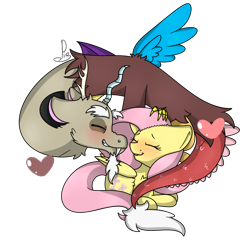 Size: 1072x1081 | Tagged: safe, artist:soundwavepie, discord, fluttershy, draconequus, pegasus, pony, blushing, blushing profusely, boop, bushy brows, commission, couple, discoshy, eyes closed, female, heart, horns, interspecies, laying on ground, long mane, long tail, male, noseboop, shipping, simple background, straight, transparent background