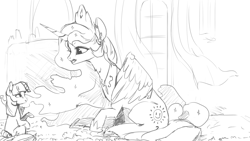 Size: 1920x1080 | Tagged: safe, artist:hierozaki, princess celestia, twilight sparkle, alicorn, pony, unicorn, crown, female, filly, filly twilight sparkle, jewelry, mare, monochrome, regalia, sketch, younger