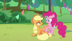 Size: 1280x720 | Tagged: safe, screencap, applejack, pinkie pie, earth pony, pony, blonde mane, duo, female, mare, orange coat, pink coat, pink mane