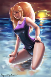 Size: 600x904 | Tagged: safe, artist:figgot, adagio dazzle, human, clothes, humanized, ocean, one-piece swimsuit, school swimsuit, solo, sunset, swimsuit