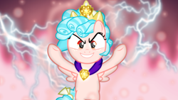 Size: 1600x900 | Tagged: safe, artist:sailortrekkie92, derpibooru import, cozy glow, pegasus, pony, school raze, crown, jewelry, lightning, regalia, solo, wallpaper