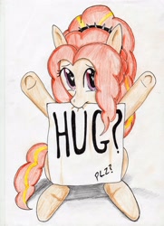 Size: 2508x3461 | Tagged: safe, artist:40kponyguy, derpibooru exclusive, adagio dazzle, adoragio, cute, heart eyes, hug, hug request, looking at you, mouth hold, ponified, sign, solo, traditional art, wingding eyes