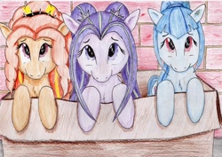 Size: 3474x2454 | Tagged: safe, artist:40kponyguy, derpibooru exclusive, adagio dazzle, aria blaze, sonata dusk, abandoned, adoragio, ariabetes, cardboard box, cute, dazzlebetes, ponified, sonatabetes, the dazzlings, traditional art