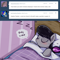 Size: 844x850 | Tagged: safe, artist:hua, octavia melody, earth pony, pony, ask, ask trolltavia, bed, blanket, female, implied vinyl scratch, lesbian, pillow, scratchtavia, shipping, sleeping, solo, sunglasses, zzz