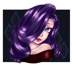 Size: 3000x3000 | Tagged: safe, artist:rigaft, rarity, human, curly hair, cutie mark background, hair covering face, humanized, lipstick, looking at you