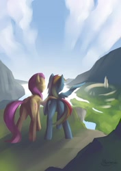 Size: 1024x1444 | Tagged: safe, artist:madgehog, derpibooru import, fluttershy, rainbow dash, pegasus, pony, butt, duo, female, looking back, mare, plot, ponified, scenery, tail, wings