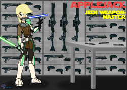 Size: 3508x2480 | Tagged: safe, artist:az-derped-unicorn, applejack, human, armory, blaster, energy weapon, gun, humanized, jedi, lightsaber, mouth hold, solo, star wars, weapon