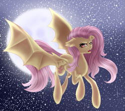 Size: 1309x1156 | Tagged: safe, artist:bonniebatman, fluttershy, bat pony, pony, flutterbat, flying, moon, race swap, solo, stars