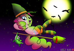 Size: 1300x900 | Tagged: safe, artist:lennonblack, gummy, pinkie pie, bat, earth pony, pony, arm behind head, broom, clothes, crossed legs, flying, flying broomstick, full moon, hat, looking at you, moon, night, open mouth, patreon, patreon logo, smiling, socks, stars, striped socks, witch hat