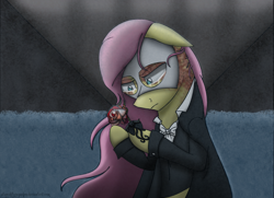 Size: 1280x925 | Tagged: safe, artist:stuflox, fluttershy, pegasus, pony, clothes, crossover, crying, flower, mask, phantom of the opera, rose, solo