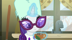 Size: 1280x720 | Tagged: safe, screencap, rarity, pony, unicorn, best gift ever, aura, cup, female, glasses, glowing horn, hat, looking down, magic, mare, sink, solo, sunglasses, telekinesis, tree, window, winter outfit