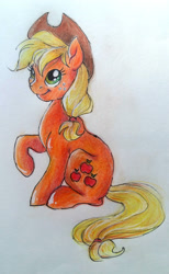 Size: 2245x3645 | Tagged: safe, artist:buttersprinkle, applejack, earth pony, pony, raised hoof, sitting, solo, traditional art