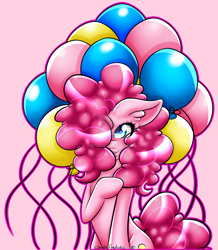 Size: 1600x1835 | Tagged: safe, artist:duskydusk, pinkie pie, earth pony, pony, balloon, ear fluff, floppy ears, gradient background, hair over one eye, iridescence, mascara, pink background, raised hoof, signature, simple background, smiling, solo