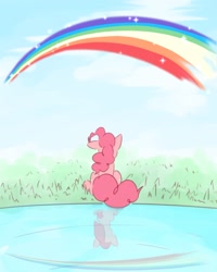 Size: 1646x2057 | Tagged: safe, artist:akainu_pony, pinkie pie, earth pony, pony, rainbow, reflection, scenery, solo