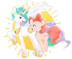 Size: 1426x1181 | Tagged: safe, artist:tomitake, pinkie pie, princess celestia, alicorn, earth pony, pony, crown, female, jewelry, mare, regalia, simple background, transparent background