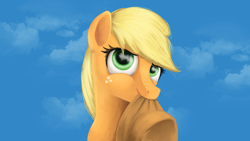 Size: 1920x1080 | Tagged: safe, artist:sakurawolfer, applejack, earth pony, pony, applejack's hat, blonde mane, bust, female, green eyes, mare, orange coat, solo