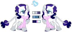 Size: 2912x1320 | Tagged: safe, artist:kookiechanxwx, rarity, classical unicorn, pony, unicorn, alternate design, clothes, cloven hooves, leonine tail, reference sheet, scarf, simple background, solo, transparent background, unshorn fetlocks