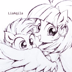 Size: 2304x2304 | Tagged: safe, artist:liaaqila, derpibooru import, rainbow dash, windy whistles, pegasus, pony, baby, baby dash, baby pony, biting, cute, dashabetes, female, high res, mare, monochrome, mother and child, mother and daughter, nom, open mouth, parent and child, wing bite, younger