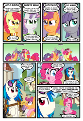 Size: 1024x1497 | Tagged: safe, artist:kazziepones, artist:zaron, apple bloom, dj pon-3, maud pie, pinkie pie, scootaloo, sweetie belle, vinyl scratch, earth pony, pony, unicorn, comic:lonely hooves, alternate eye color, cutie mark crusaders, glasses