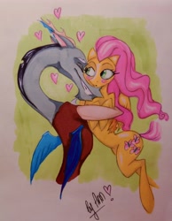 Size: 2395x3088 | Tagged: safe, artist:byannss, discord, fluttershy, pegasus, pony, discoshy, heart, hug, male, shipping, straight, traditional art