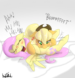 Size: 1124x1176 | Tagged: safe, artist:manfartwish, applejack, fluttershy, earth pony, pegasus, pony, appleshy, female, laughing, lesbian, mare, onomatopoeia, open mouth, raspberry, raspberry noise, shipping, tickling, tummy buzz