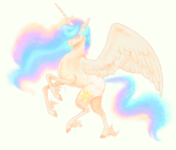 Size: 1798x1534 | Tagged: safe, artist:swanhili, princess celestia, alicorn, pony, hair over one eye, rearing, smiling, solo, spread wings, unshorn fetlocks, wings