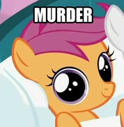 Size: 254x261 | Tagged: safe, edit, edited screencap, screencap, scootaloo, pegasus, pony, stare master, artifact, big eyes, cropped, dilated pupils, dissonant caption, female, filly, foal, image macro, looking at you, murder, one word, pure unfiltered evil, reaction image, round eyes, smiling, solo focus, stare, text, text edit