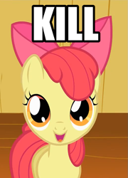 Size: 519x719 | Tagged: safe, edit, edited screencap, screencap, apple bloom, earth pony, pony, caption, dissonant caption, image macro, implied murder, looking at you, one word, open mouth, pure unfiltered evil, smiling, solo, text