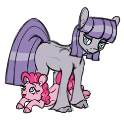 Size: 1400x1400 | Tagged: safe, artist:ramott, maud pie, pinkie pie, earth pony, pony, blank flank, cloven hooves, filly, sisters, tongue out, unshorn fetlocks, younger