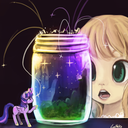 Size: 600x600 | Tagged: safe, artist:lumineko, derpibooru import, twilight sparkle, twilight sparkle (alicorn), alicorn, human, pony, amazed, equestria, female, glass jar, glowing horn, jar, magic, mare, open mouth, ponyville, raised hoof, wide eyes