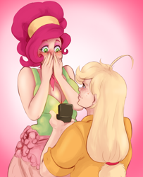 Size: 1128x1387 | Tagged: safe, artist:sundown, derpibooru exclusive, applejack, cherry jubilee, human, blushing, breasts, busty cherry jubilee, cherryjack, commission, crying, female, freckles, humanized, lesbian, marriage proposal, redhead, shipping, tears of joy