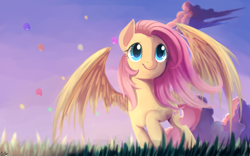 Size: 2560x1600 | Tagged: safe, artist:gianghanz, fluttershy, pegasus, pony, balloon, cloud, cute, female, grass, grass field, mare, raised hoof, scenery, shyabetes, sky, smiling, solo