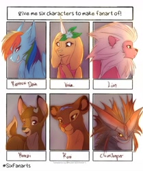 Size: 1080x1289 | Tagged: safe, artist:primarylily_brisk, derpibooru import, rainbow dash, big cat, deer, dragon, lion, pegasus, pony, bambi, bust, crossover, female, how to train your dragon, lion (steven universe), mare, six fanarts, steven universe, the lion guard