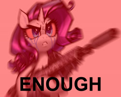 Size: 2668x2138 | Tagged: safe, artist:vombavr, edit, rarity, pony, unicorn, bipedal, caption, crying, delet this, gun, holographic sight, image macro, m14, meme, reaction image, rifle, solo, suppressor, text, weapon