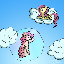 Size: 2500x2500 | Tagged: safe, artist:sketchydesign78, fluttershy, pinkie pie, earth pony, pegasus, pony, bubble, cloud, in bubble, sky