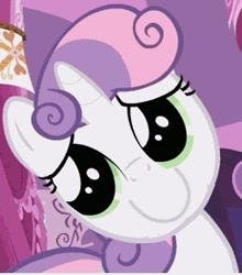 Size: 244x277 | Tagged: safe, edit, edited screencap, screencap, sweetie belle, sleepless in ponyville, c:, inverted mouth, pure unfiltered evil, sweetie frown
