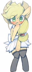 Size: 930x2047 | Tagged: safe, artist:skippy_the_moon, applejack, earth pony, pony, blushing, clothes, dress, solo