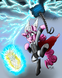 Size: 1024x1280 | Tagged: safe, artist:victorydanceofficial, pinkie pie, pony, bipedal, crossover, female, food, hammer, lightning, mare, marvel comics, mjölnir, pineapple, solo, thor, war hammer, weapon