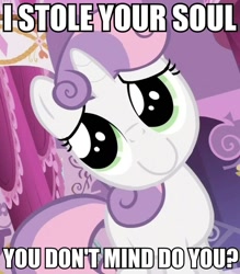 Size: 841x960 | Tagged: safe, sweetie belle, sleepless in ponyville, c:, caption, cute, inverted mouth, pure unfiltered evil, sweetie frown