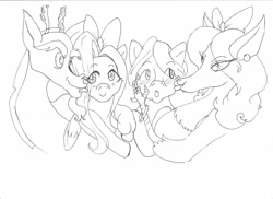 Size: 2338x1700 | Tagged: safe, artist:keriwi1, butterscotch, discord, eris, fluttershy, pegasus, pony, discoshy, eriscotch, male, monochrome, rule 63, self ponidox, shipping, straight, traditional art